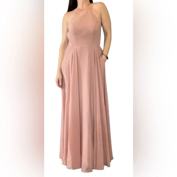 Elegant Pink Halter Bridesmaid | Prom Maxi Dress with Open Back - Picture 3 of 12